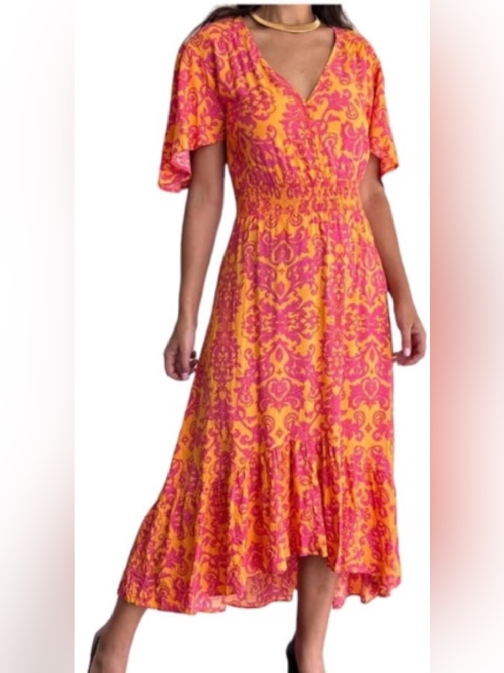Anthropologie Abel the Label Pink Orange & Maxi Dress Size Small High Low Boho